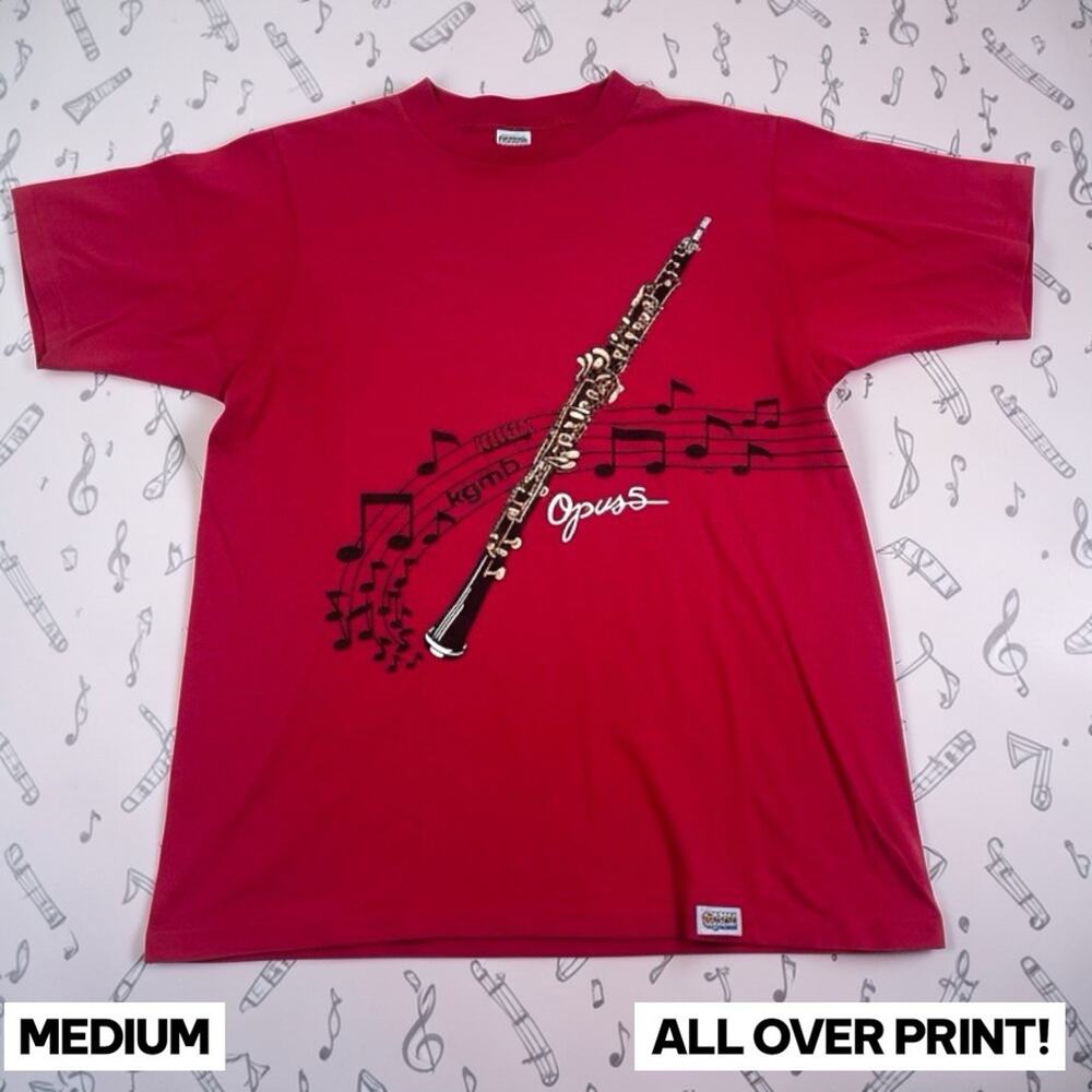 Vintage 90s Crazy Shirts Hawaii Oboe Opus 5 T-Shirt AOP Mens M Red Music USA